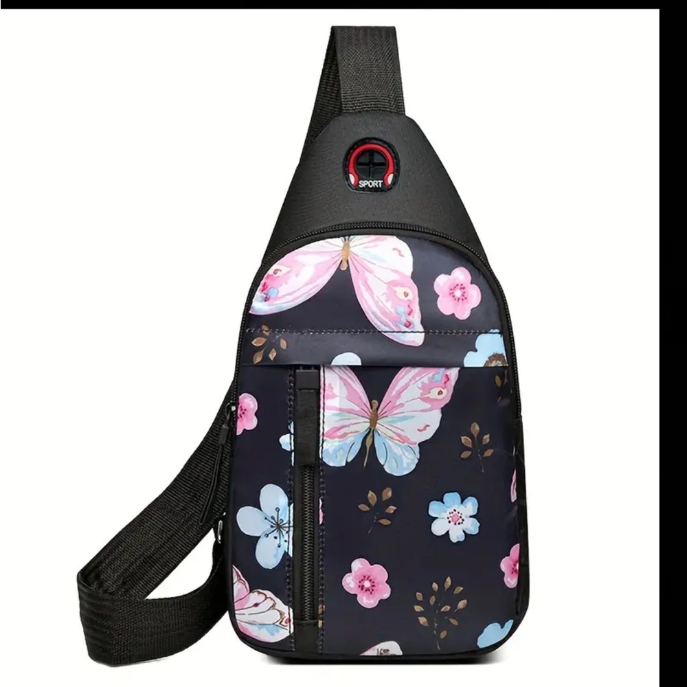 NEW Black Butterfly Print Sling Backpack Waterproof Nylon / Canvas Crossbody Bag
